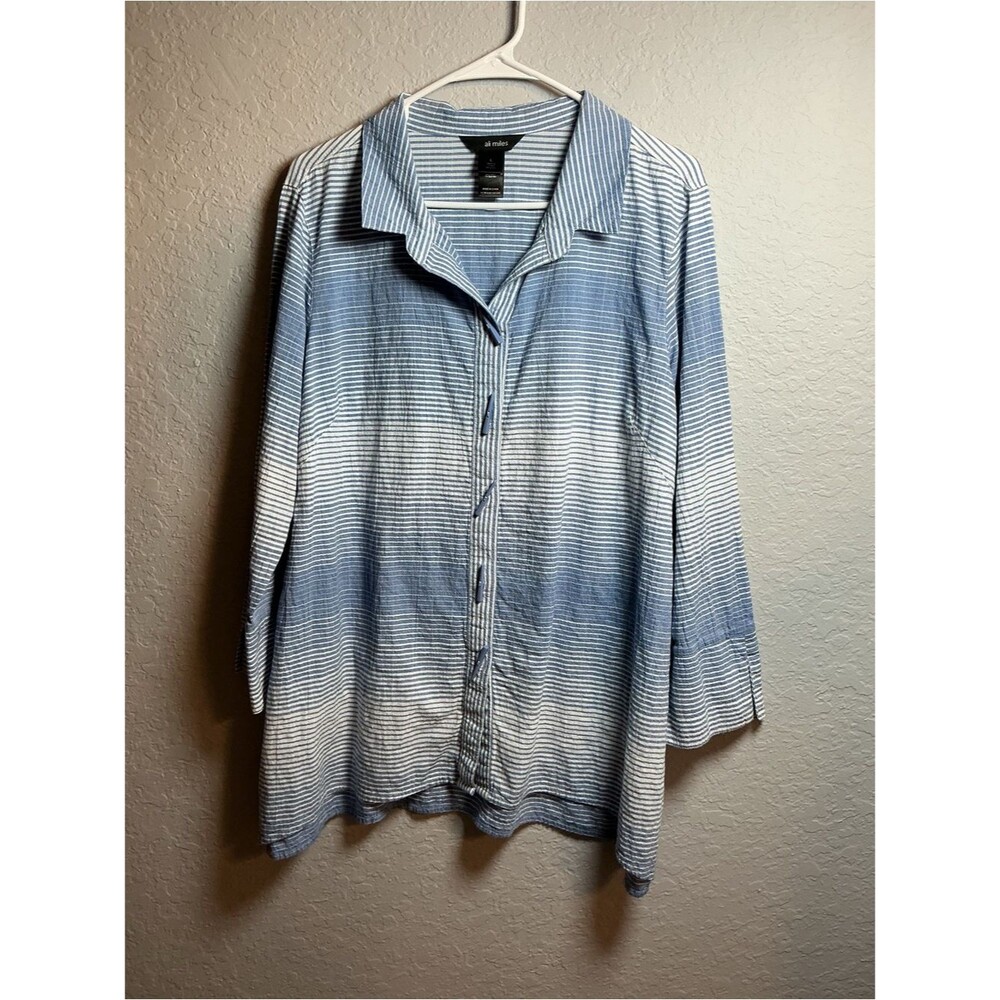 Ali Miles Women Blouse Light Blue & White Striped Shirt Size L.